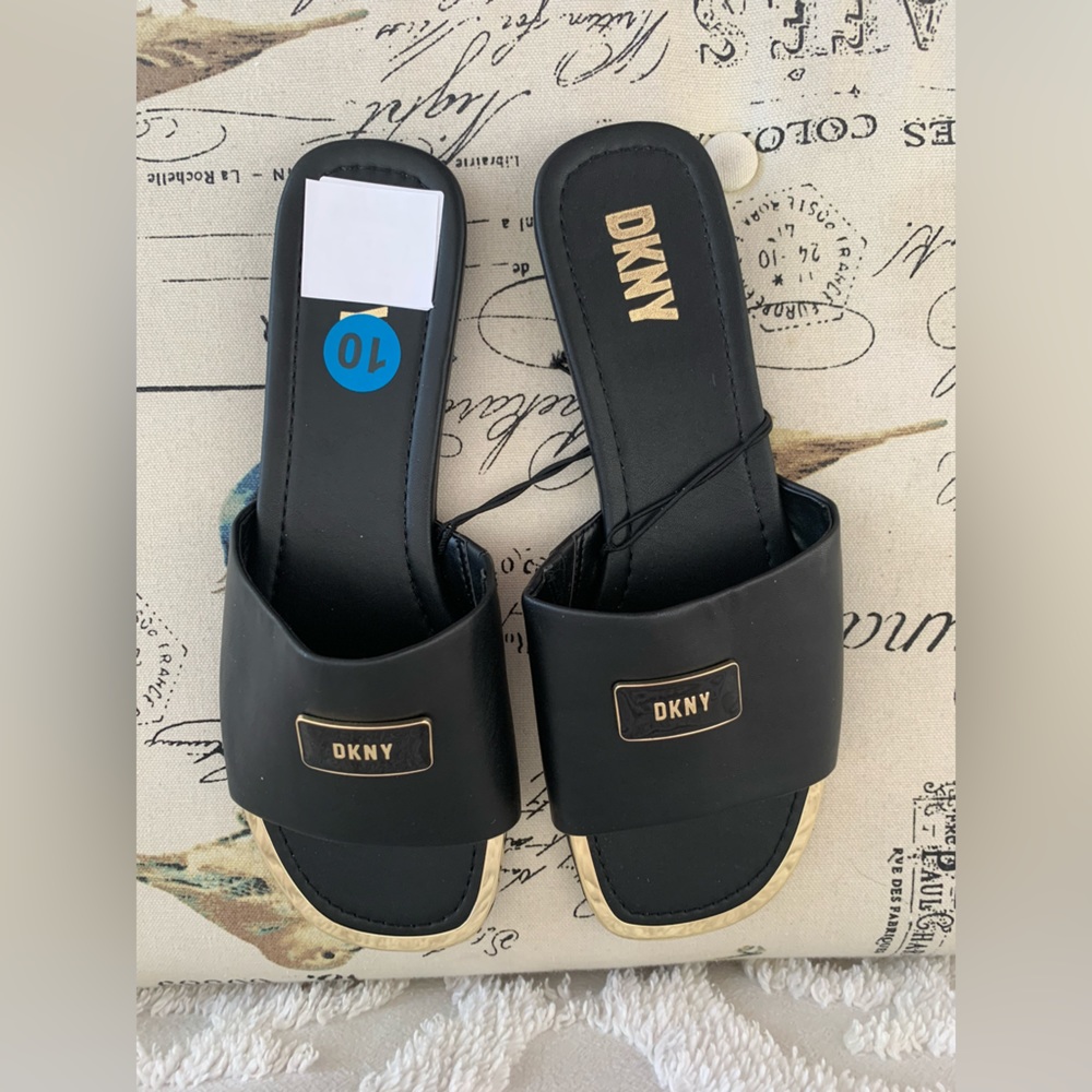 FINAL PRICE NWT DKNY Flat Sandals: Slip-On, Black Faux Leather, Gold Logo, 10